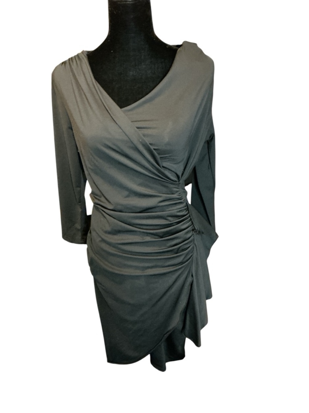 VENUS Gray Ruched Wrap-Front Long Sleeve Dress